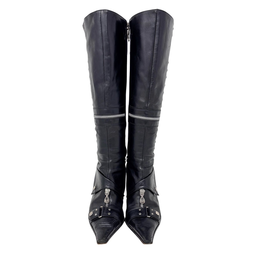 El Dantes Couture Y2K Studded Buckle Knee Stiletto Boots Black Leather EU 38 - Picture 4 of 15
